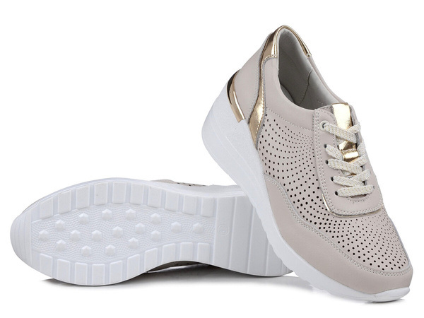 Sneakersy damskie ażurowe beżowe na koturnie skórzane S.Barski LR725 beż