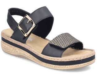 Sandały damskie czarne Rieker V0951-00 skórzane na platformie na rzepy