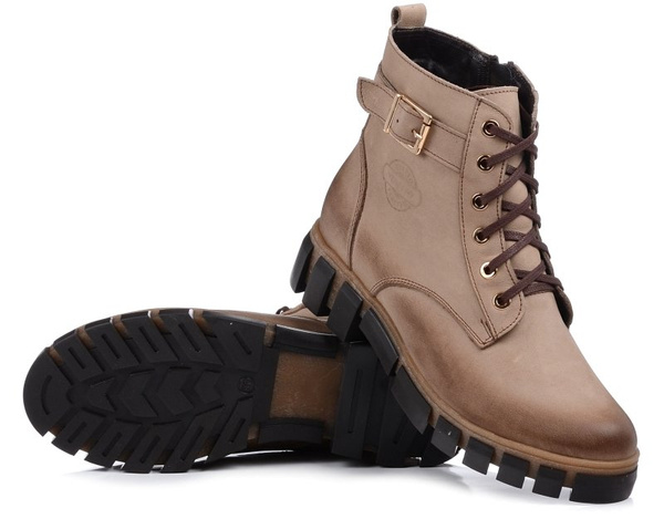 Botki damskie zimowe ocieplane skórzane beżowe na platformie Venetto 373