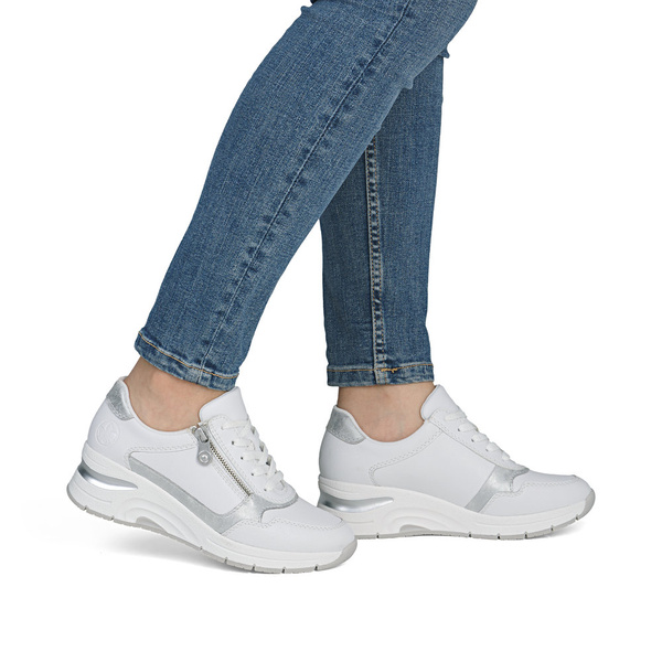 Sneakersy damskie białe Rieker N9301-60 skórzane na zamek na koturnie