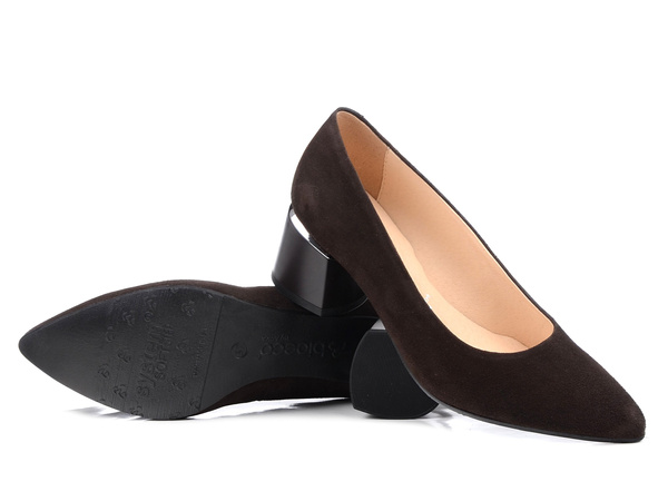 Czółenka damskie brązowe Bioeco 5720 buty skórzane zamszowe na obcasie