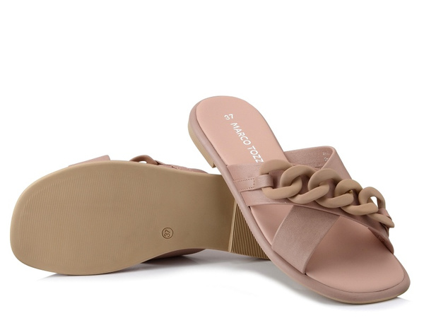 Klapki damskie różowe Marco Tozzi 1-27121-28 skórzane na płaskim obcasie