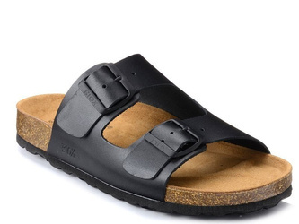 Klapki męskie skórzane profilowane czarne na korku z klamrami Izzi Alex