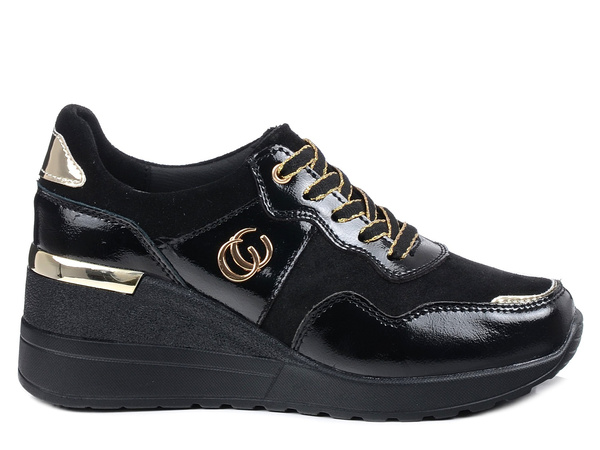 Sneakersy damskie czarne S.Barski LR29169 na koturnie skórzane wygodne