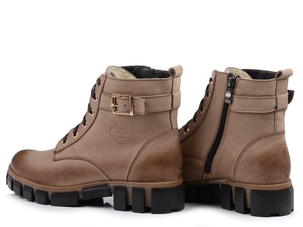 Botki damskie zimowe ocieplane skórzane beżowe na platformie Venetto 373