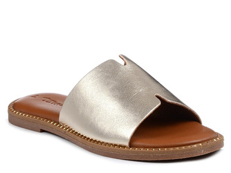 Klapki damskie skórzane złote Tamaris 27135 płaskie z ozdobnymi dżetami