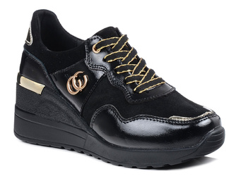 Sneakersy damskie czarne S.Barski LR29169 na koturnie skórzane wygodne