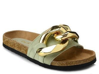 Klapki damskie na korku miętowe ze złotym łańcuchem S.Barski SB001