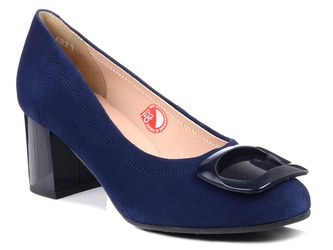 Czółenka damskie Bioeco 6821 skórzane zamszowe na obcasie granatowe