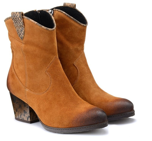 Kowbojki damskie skórzane zamszowe camelowe botki Simen 2087A na obcasie