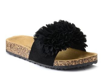 Klapki damskie czarne Evento 1733 na lato na korku z pomponem