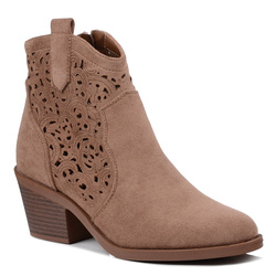 Botki damskie kowbojki beżowe S.Barski HY61-8012 zamszowe ażurowe