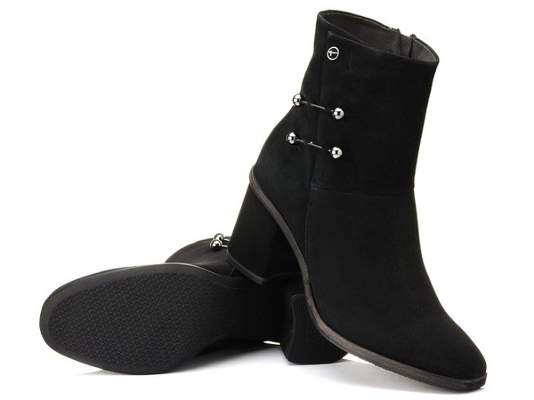 Botki jesienne damskie na obcasie zamszowe czarne Tamaris 25315 na zamek