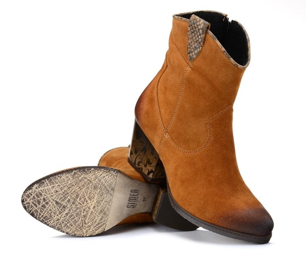 Kowbojki damskie skórzane zamszowe camelowe botki Simen 2087A na obcasie