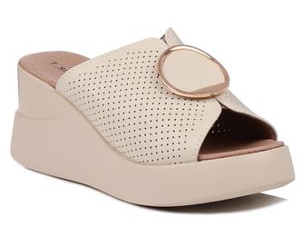 Klapki damskie beżowe T.Sokolski L25-242 na koturnie skórzane ażurowe